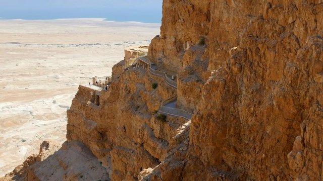 Panning shot of Massada fortress in Negev desert, Israel. UHD, 4K
