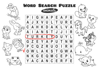 Educational game for kids. Word search puzzle.