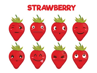Strawberry Cartoon Character with Different Expressions. Isolated Vector.