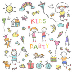 Kids party doodles for the design of childrens parties.