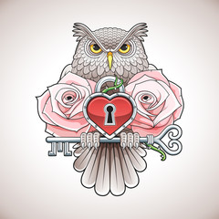 Obraz premium Beautiful colour tattoo design of an owl holding a key with a heart locket and pink roses. Vector illustration.