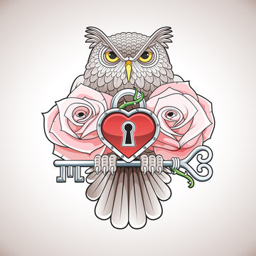 Beautiful colour tattoo design of an owl holding a key with a heart locket and pink roses. Vector illustration.
