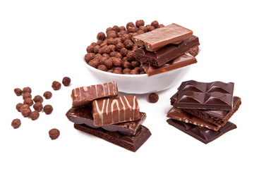The bitter and milk chocolate on white background. Candies
