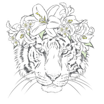 Tiger in a wreath of flowers. Vector illustration. Print on clothes, postcard or poster.