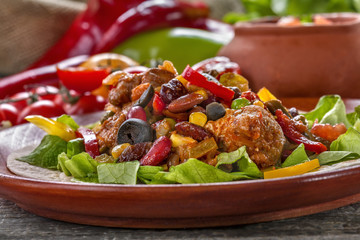 Stew from various vegetables and meat. Mexican cuisine.