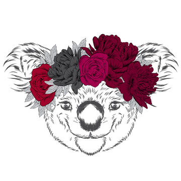 Cute koala in a wreath of flowers. Koala vector. Greeting card with bear.