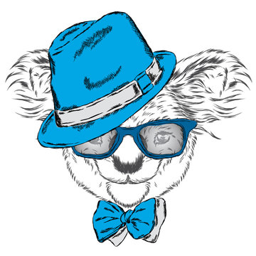 Cute koala in a cap and a tie. Koala vector. Greeting card with bear. Australia. Winter. Skier. Koala wearing glasses.