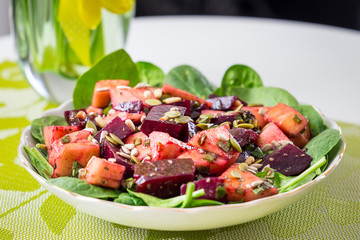 Beautiful Spring Salad with Beet and Pear, Close-up