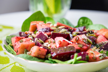 Beautiful Spring Salad with Beet and Pear, Close-up