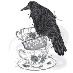 Black Crow on a branch. Vector illustration. Print on clothing, artwork poster or postcard. The poster on the bag. Bird.