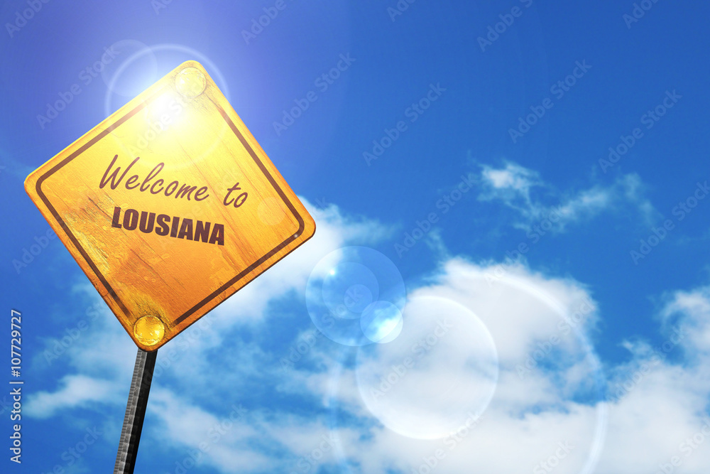 Wall mural yellow road sign with a blue sky and white clouds: welcome to lo