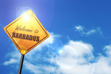 Yellow road sign with a blue sky and white clouds: Welcome to ba