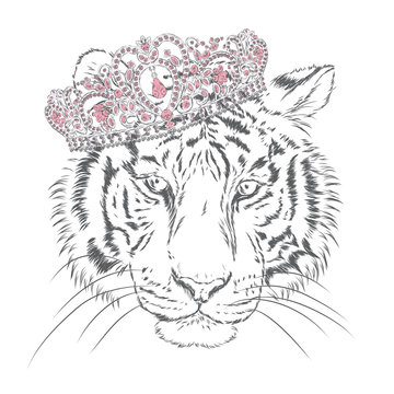 Beautiful tiger in a crown . Vector illustration.
