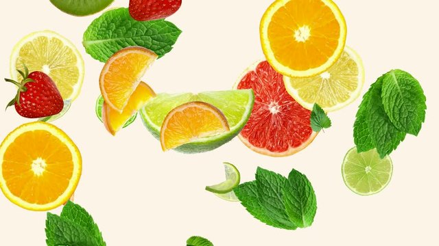 detox cocktail, fruits falling down, animation