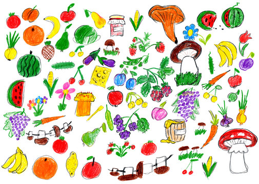 cartoon food collection, fruit and vegetables, child drawing object set on paper, hand drawn art picture