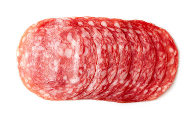 Sliced summer sausage on white background