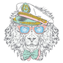 Lion in the captain's cap. Vector illustration.
