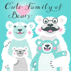 Cute card with a family of white bears. Dad hugs mother and children.