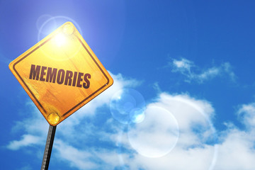 Yellow road sign with a blue sky and white clouds: memories