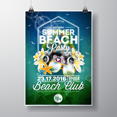 Vector Summer Beach Party Flyer Design with typographic and music elements on abstract background