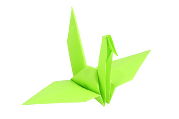 origami art paper flamingo on white background