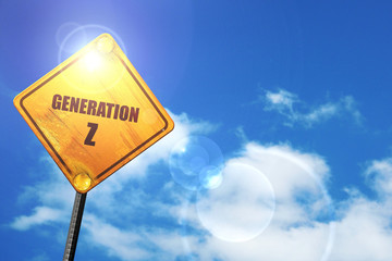 Yellow road sign with a blue sky and white clouds: generation z