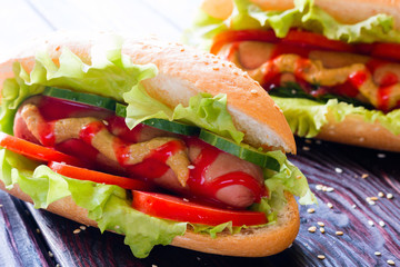 hot dogs closeup on wooden background