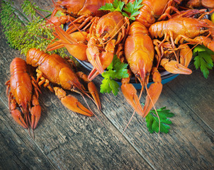 crawfish on wooden background