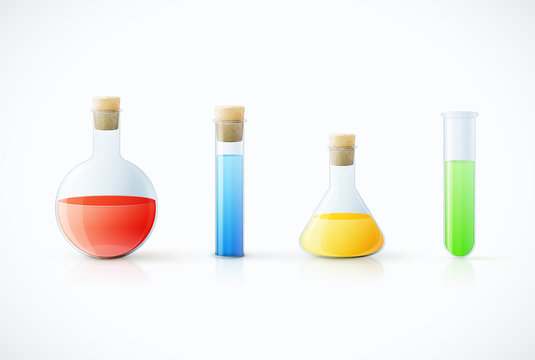 Different  laboratory glassware with color liquid and transparen