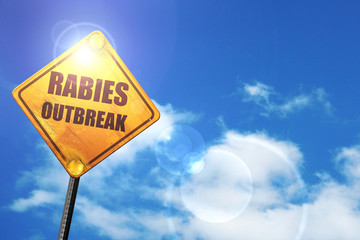 Yellow road sign with a blue sky and white clouds: Rabies virus 