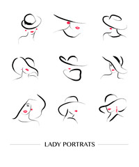 Hand drawn fashion stylish lady portrait set isolated on white background.