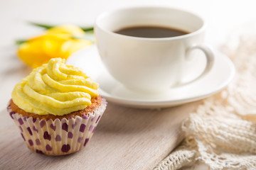 Vanilla cupcakes on white wood background