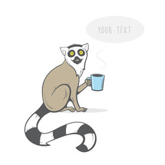 Card with cartoon ring-tailed lemur. Vector image. Hand drawn image. Lemur holding a cup  in his paw. © voron4ihina