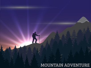 Hiking man with rucksack in mountains and forest in the morning,  sunrize.  Vector illustration.