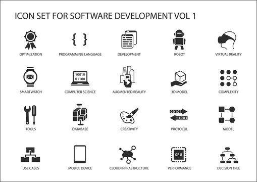 Software development icon set. Vector symbols to be used for Software development and information technology