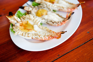   big river shrimp Grilled with white dish on wood texture background