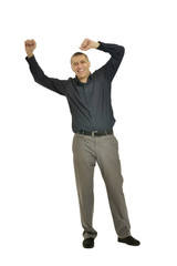 Handsome man in coat pointing up