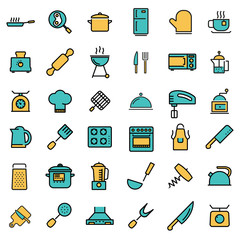 Vector flat line kitchen and cooking icons set. Kitchen and Cooking Icon Object, Kitchen and Cooking Icon Picture - stock vector