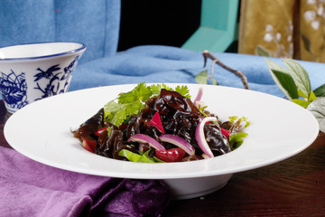 Chinese salad with mushrooms shiitake still life, red onion, restaurant, vase food