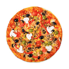 Delicious vegetarian pizza with tomatoes, mushrooms and olives