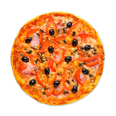Delicious pizza with salami, mushrooms and olives