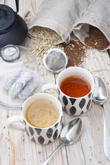 two cups 1 black tea rooibos and other fennel with teapot in the