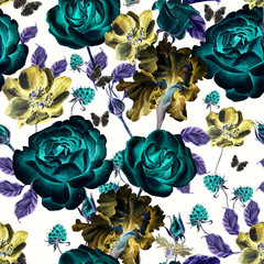 Seamless watercolor pattern with roses, anemones and irises. Raspberry and leaves. 