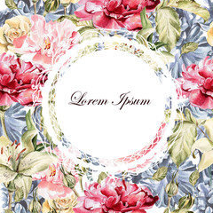 Beautiful watercolor card with Peony, iris flower. Butterflies and plants.