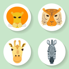 Set of 4 african animal portrait. Vector flat icons.