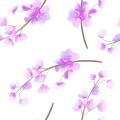 Seamless pattern with the isolated watercolor pink, purple and violet Delphinium (Larkspur) flower, hand drawn on a white background
