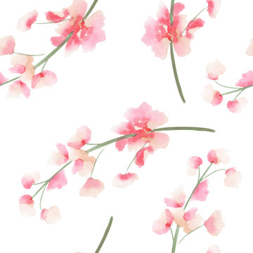 Seamless pattern with the isolated watercolor pink and red Delphinium (Larkspur) flower, hand drawn on a white background
