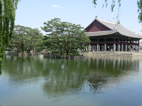A Lake And Palace In Seoul, South Korea
A lake with stone walled islands and trees. A large wooden Palace building. A weeping willow tree, set against a clear blue sky.