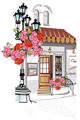 Series of backgrounds decorated with flowers, old town views and street cafes.