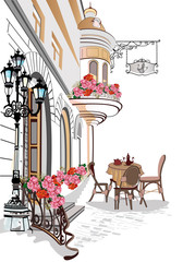 Series of backgrounds decorated with flowers, old town views and street cafes. - 107741598